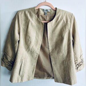 DRESSBARN Beige Cropped Blazer with Ruched 3/4 Sleeves and Open Front Size S